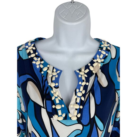Chicos 3/4 Sleeve Blue Abstract Print Tunic Dress W/ Beaded Neckline Size 0 US S - Picture 2 of 9